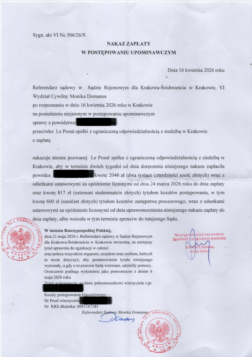 Zanonimizowany nakaz zapłaty